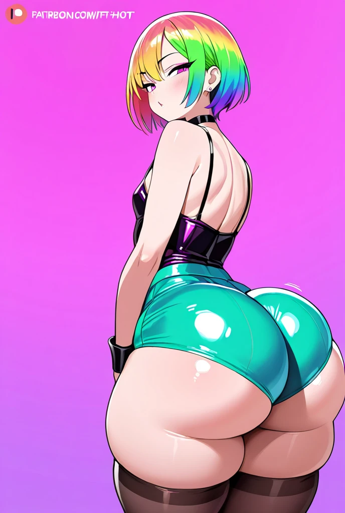(((man))), ((my little pony)), detailed eyes, big perky butt, heart on butt, (glossy butt), ((club wear)), behind view, modest bob cut, slutty, (balls), (studio light), ((masterpiece:1.1)), 4K, (night street), (butterfly tattoo on butt), ((panties down))