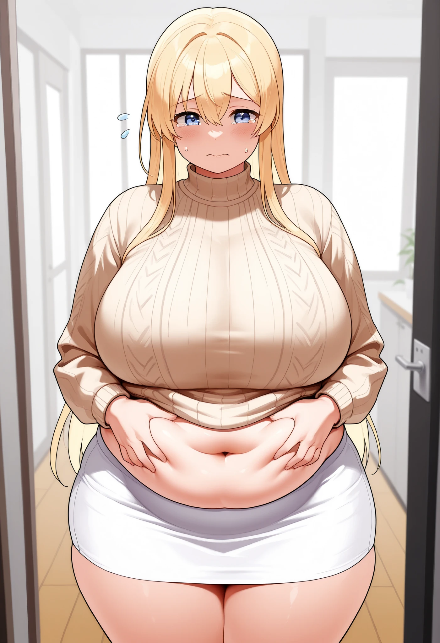 A pregnant girl with long hair in a sweater:1.5,Stand next to the sofa:1.6,A smug smile on his face:1.6,