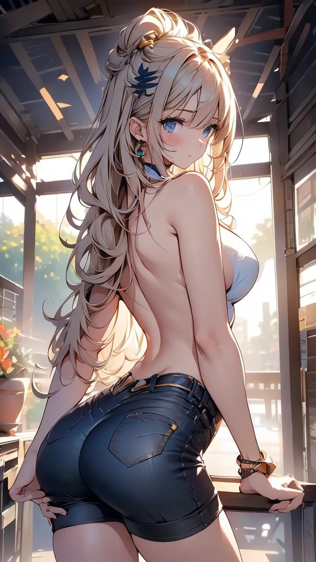 Super detailed、highest quality、Best image quality、masterpiece、8K、Anime Face、A kind smile、Open Mouth、Sparkling Blue Eyes、(Long blonde wavy hair:1.5)、Heavy bangs、Wearing a maid headband、(SFW huge body)、(((Rear view)))、Cowboy Shot、(Wearing a white thong:1.3)、Muscles of the whole body、Kneel、(fold your hands:1.2)