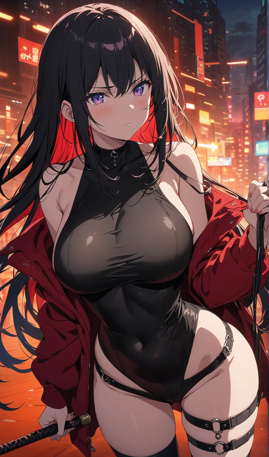kenjaku,jjk sorcerer, GtsGiga, Gtscity, Rampage,evil,uncaring,pissed off, red aura,hands held tiward,psychotic smile,ready to crash out,Red Engery Ball,cityscape,muscular,black trenhcoat,Looming,twintails, domain expansion,1 girl,large bosom,mature lady