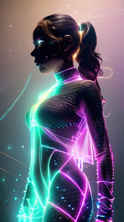 **Beautiful beautiful woman at night with lines, in distorted and fractured style, anamorphic lens flare, intricate networks, ricoh gr iii, neon blue and green, abstraction-creation, uhd image**