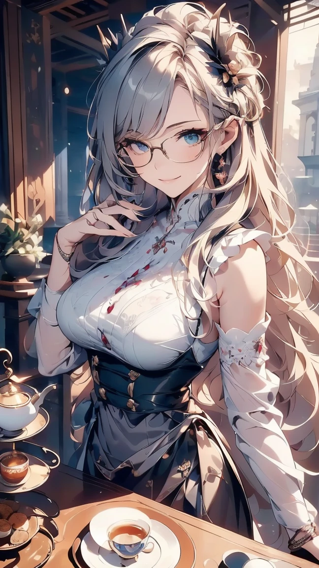 ((Sketch)), ((Watercolor)),((best quality)) ((best quality)), ((masterpiece)), (detailed), HD, Highly Detailed, 4k image, anime style, beautiful young girl, tanned white skin, waist-length silver-red colored hair, soft facial features, heterochromatic eyes(left eye: silver)(right eye: red), gothic sundress, cherry red plump lips, large E-cup breasts, short height(160cm). wide hips and large round ass, silver round-frame glasses