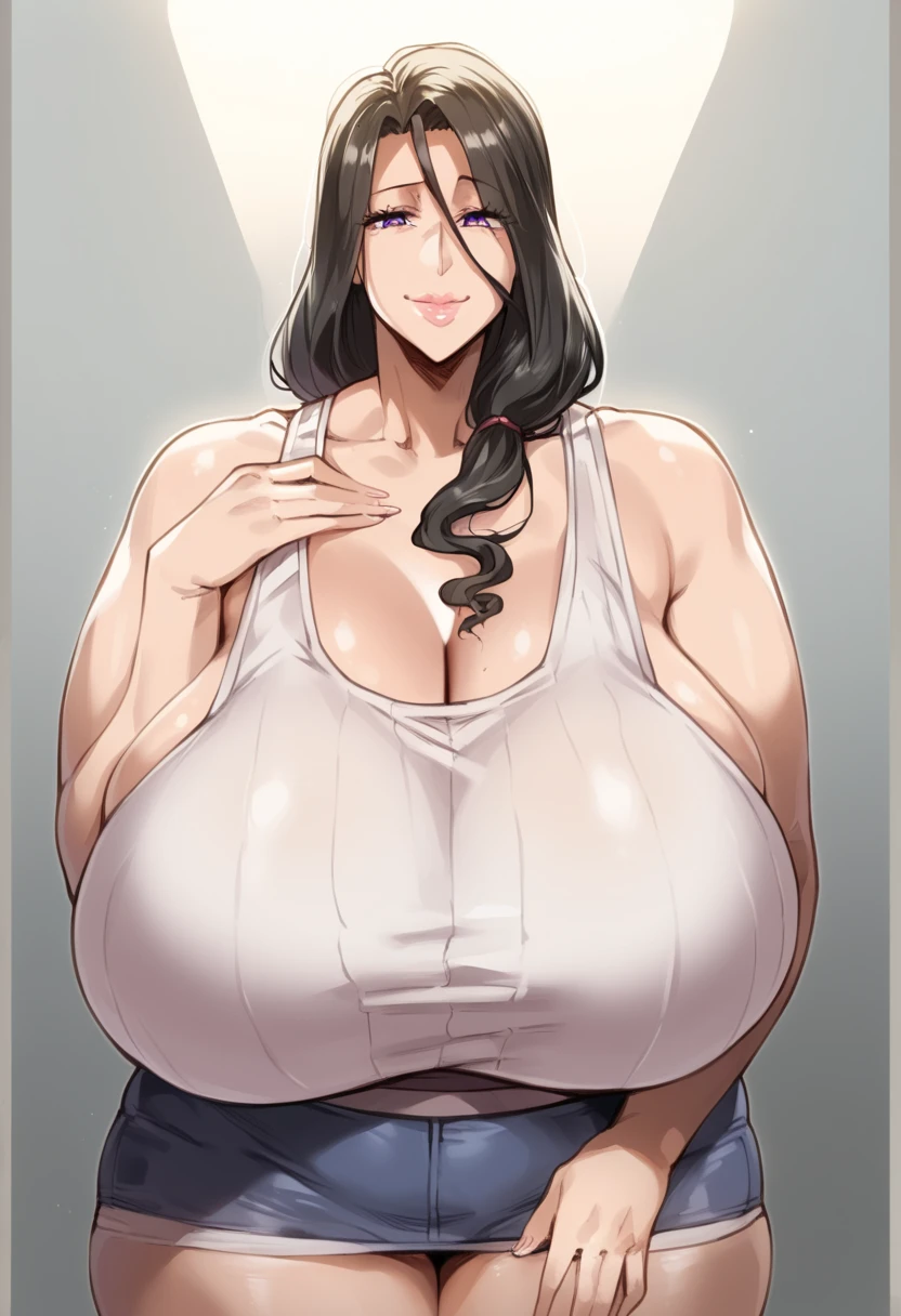 1girl,solo,Mature Woman,Black Hair,long hair,Glasses,mother,gentle,kind face,Super huge breasts,Flabby thighs,Black knit with vertical lines accentuating the lines of the body,jeans that accentuate the body's curves,necklace,standing up,Looking at this,Inclusive,White background,