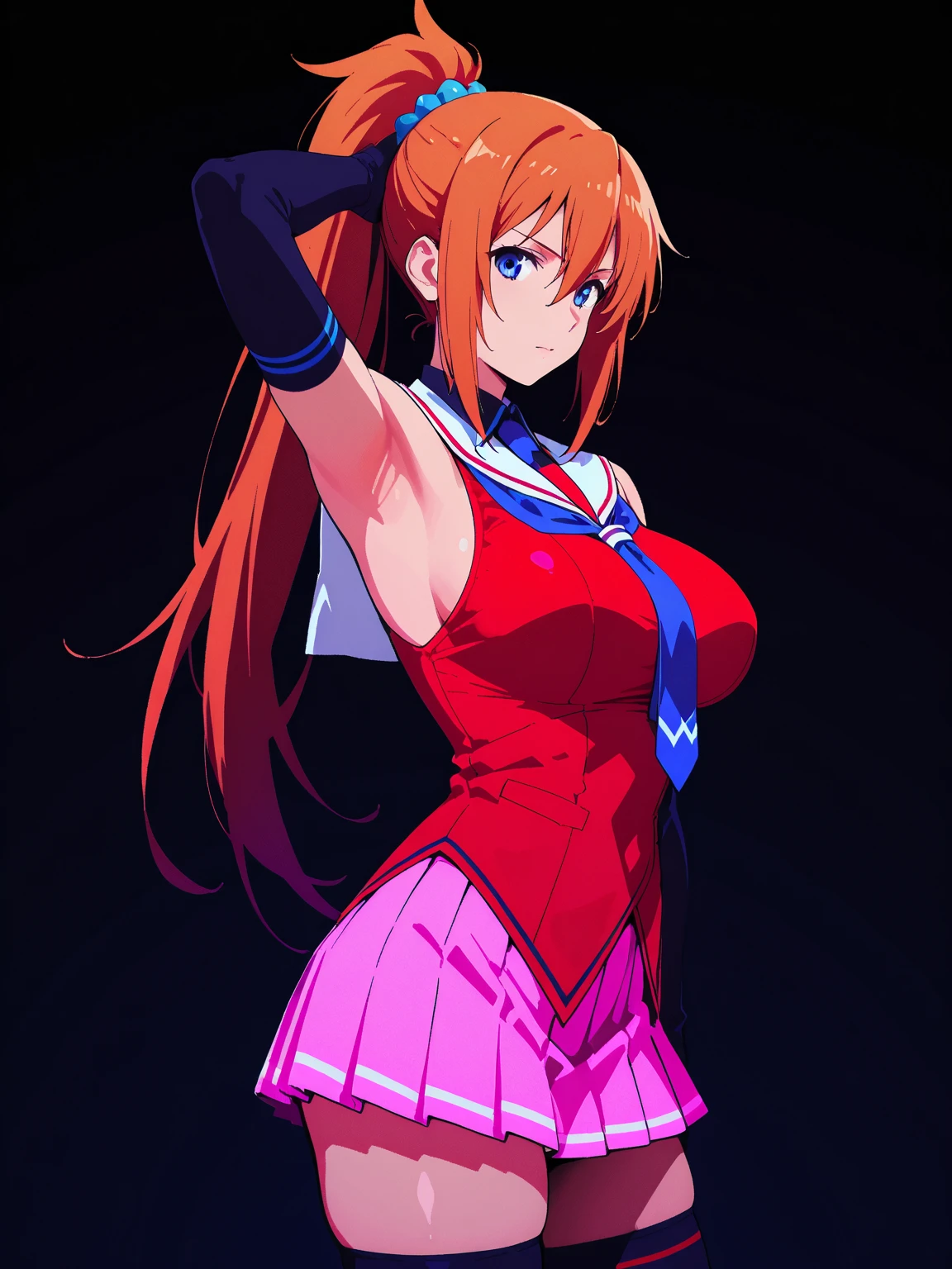 highest quality, High resolution, beautiful eyes, highly detailed face, Detailed CG,anime style, saki mizuhara , 1 girl, orange hair, (sparkly dress, shiny dress, thighs), twin tails, long hair, Are standing,1with people,stylish pose, stylish angle,looking at the viewer, in the center of the image,cowboy shot,