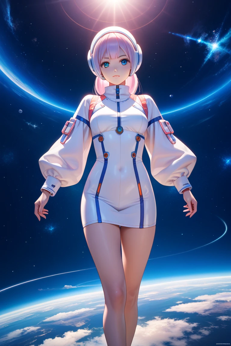 ((Full body):2) {((Alone/A woman/standing):1.5)}: ((wearing a NASA astronaut suit, with headgear with transparent glass):1.2), ((extremely large breasts ):1.2), ((shimmering blue eyes, short pink hair)1.3), ((looking at viewer with loving eyes, smile):1.2), ((erotic pose):1.3), \n She is (( flying in outer space, planet Earth in the back, NASA space rocket on the side):1.2), anime, anime-style, 16k, ((best quality, high details):1.4), masterpiece, UHD