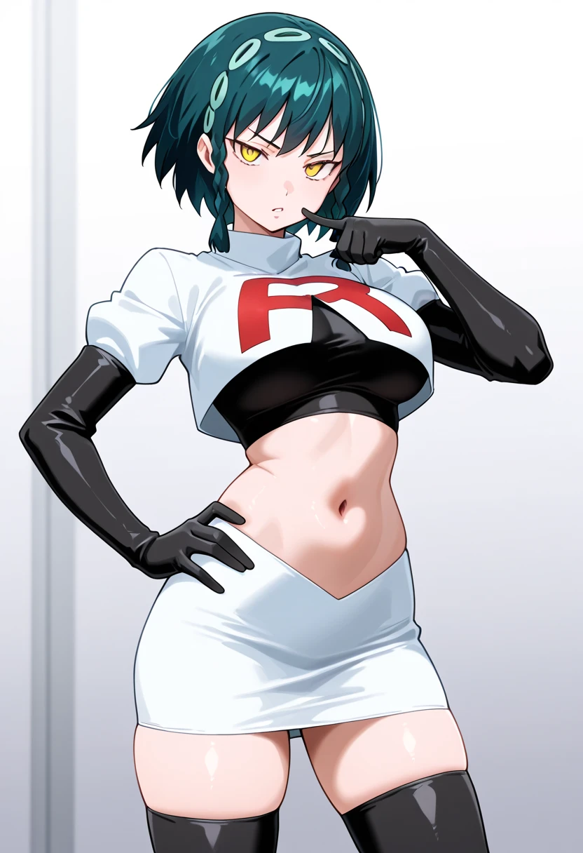 (masterpiece, Highest quality, In 8K, Very detailed, High resolution, Realistic:1.2), (Accurate Team Rocket uniforms drawn in latex material:1.3), (smilingly, Narrow-eyed Japanese face:1.2), (Blue Hair, The hairstyle is asymmetrical.:1.2), (Cowboy Shot, Shooting from below:1.3), (20 year old Japanese woman:1.2), (Shorten your skirt:1.3), (Black patent leather gloves, Black patent leather long boots:1.2), (Upper body is thin:1.4), (Huge boobs, Nipple Emphasis:1.2), (Thick thighs:1.3), (Panty shot, Black latex panties, Hide your vagina:1.3)