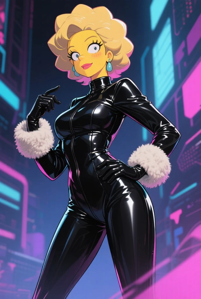 1girl, solo, female thief, dragon quest 3, sexy, black, dark skin, big lips, medium breasts, very short hair, white hair, pixie haircut, straight hair, yellow bustier, latex bodysuit, black bodysuit, bodysuit under clothes, pink gloves, pearl necklace, alleyway, nighttime, masterpiece quality, intricate detail, 4k resolution, ultra hd