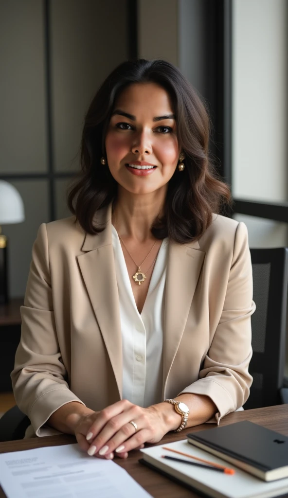 1 adult woman,Arab,hijab, eyes browns, sorrido, vegetation, Occasional, Businesswoman style clothes, light brown blazer, realisitic, with background in a fancy restaurant, 8k super realisitic, super detalhado e realisitic
