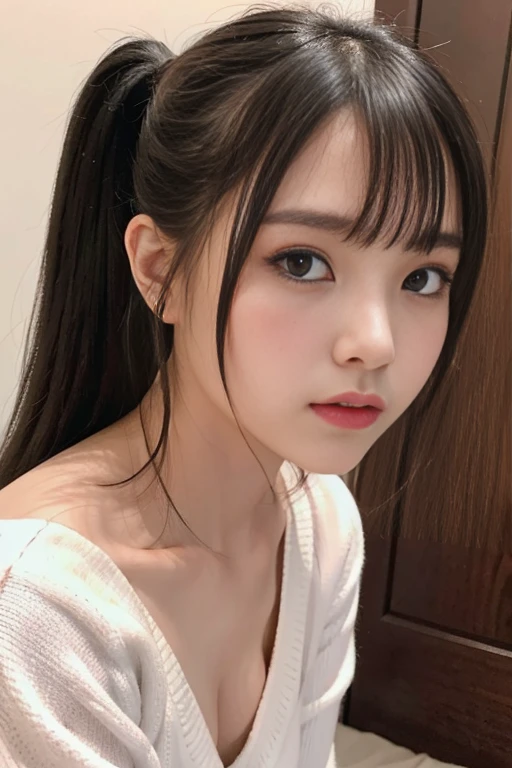 randome pose、top-quality、超A high resolution、(Photorealsitic:1.5)、1人、Sweaters、(poneyTail:1.2)、(huge-breasted:1.2)、a room、looking at viewert、a closeup、full body Esbian、Nasty eyes、embarassed face