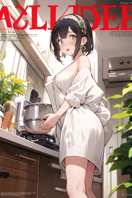 (small breasts:1.3), (perky chest:1.1), (pointed chest:1.0), (fashion magazine cover:1.3)，(from below:1.0),(from side:0.9),masterpiece, 1girl, Amazing Cleavage:1.1, thin waist, big ass, Raised sexy, small breast: 1.3, posed cleavage:1.2、solo, looking at viewer, open mouth, have a cute grass of cute beergrass,black hair, dark green eyes, dress, bare shoulders, jewelry, collarbone, sidelocks, hairband, earrings, indoors, off shoulder, :o, sweater, arms behind back, plant, short hair with long locks, gild hairband, off-shoulder dress, sweater dress, off-shoulder sweater, red sweater, dark gord hair, big side hair, very long side hair,is rendered in (masterpiece: 1.2, best quality), with (ultra high resolution) and an exquisite (depth of field). This masterpiece is not only visually stunning but also tells,A scene of cooking in the kitchen by classroom
