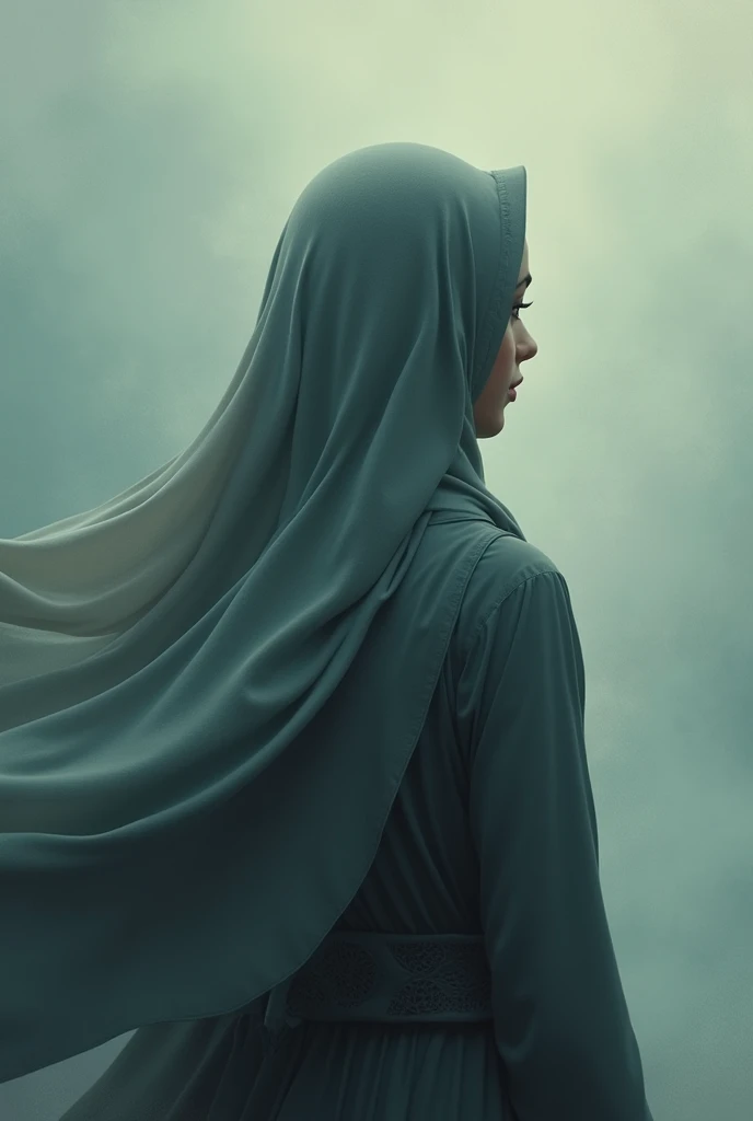 A hijabi woman with black hijab, not smiling , eyes closed, cloud background 
