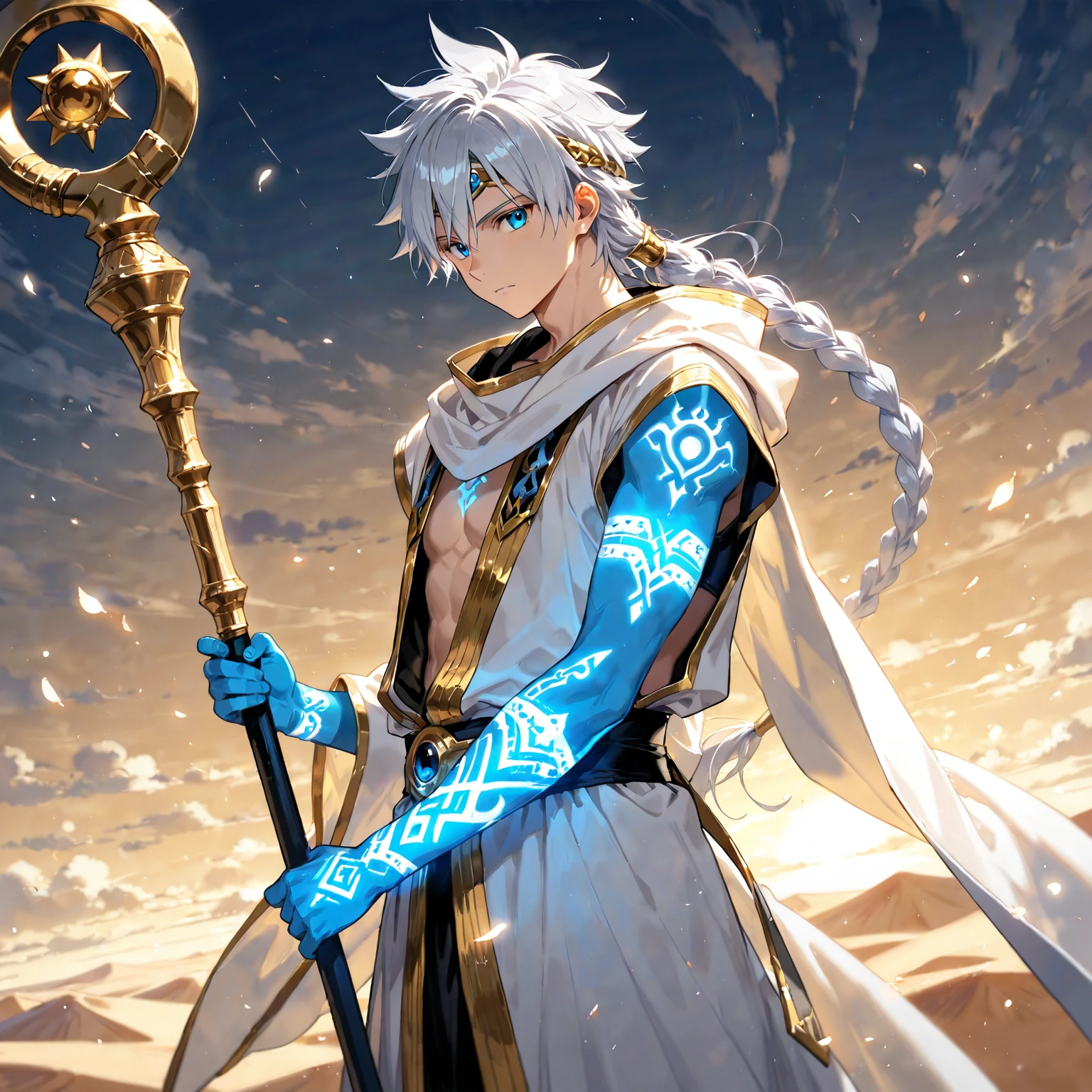 jack frost, 18 year old boy with white hair, short, messy hair, blue eyes, djinn clothing, light blue sleeveless open vest, navy blue vest with white arabic print, light blue arabic pants, gold belt, djinn bracelet with Blue sapphire gems, brown boots, phosphorescent celestial tattoos, surrounded by fire and celestial smoke on a background of Arabian ruins.