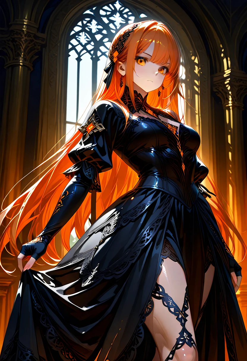 ((Biologically correct limb count))、(( From head to toe、Full-body photo including face))、4K、((Standing position))、masterpiece、((Focus on the face))、((Symmetrical facial features))、Eyes with detailed description、Beautiful woman、Great style、Beautiful arms、Beautiful legs、Beautiful Hands、(Small Ass、Thin thighs）、Facial detailing、Small earrings、necklace、(beret、Red and black leather gothic dress、((High heels、Patterned stockings))）、((Standing in front of an old castle in the daytime sun, looking up))、Close-up photo of the upper body、Silk gloves、(((Orange silver hair)))、(Thick fog)