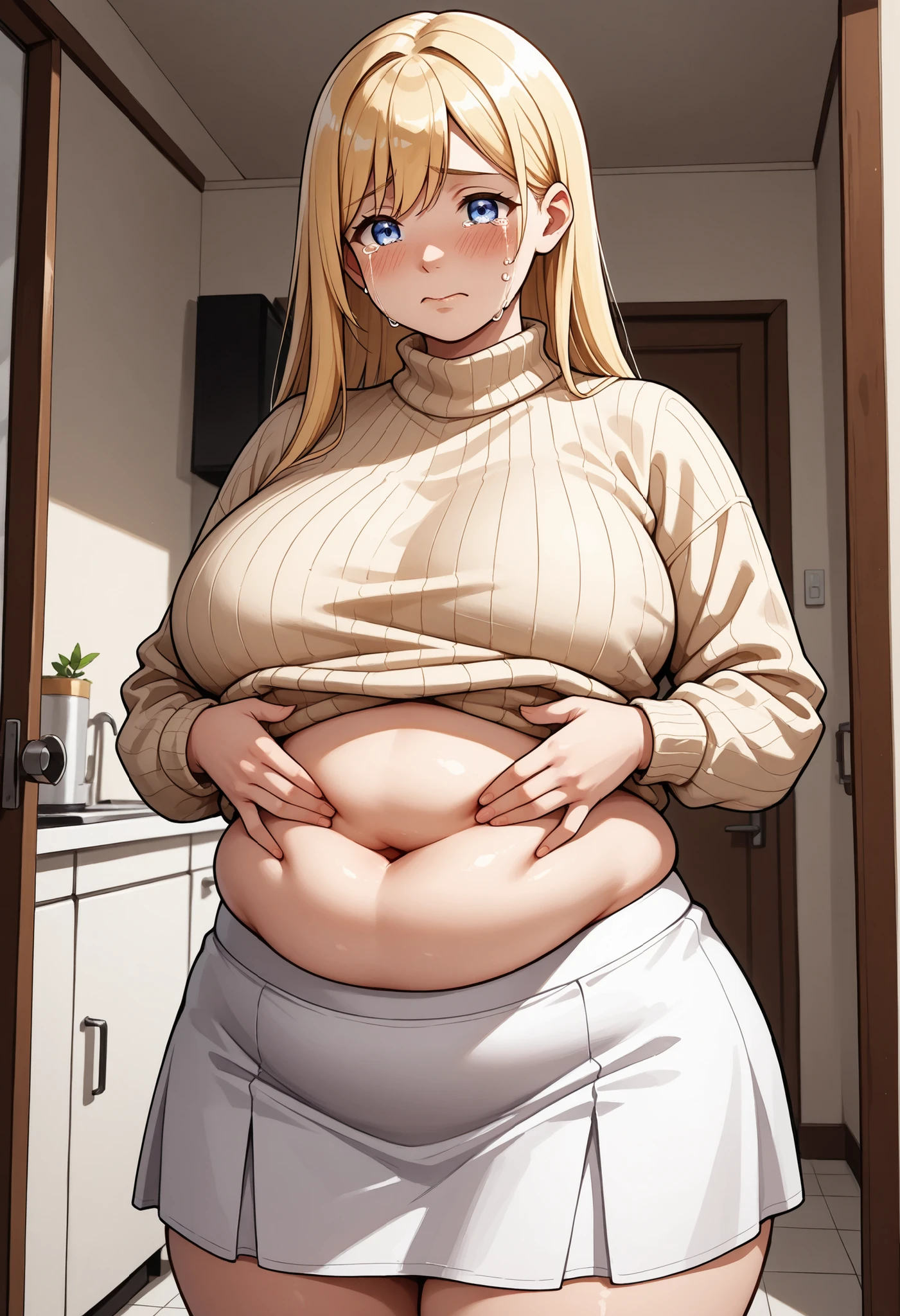 Yang Xiao long is fat and she is leaning back in her chair with pants unbuttoned, fat, chubby, fat belly, very fat, big belly, fatty, fat, large belly, safe for work, fat, large belly, big belly, very fat, large stomach, chubby (best quality, masterpiece),safe for work, obese, giant belly, fat, huge, heavy, very fat, safe for work, fat, large belly,, grabbing belly, very fat, large stomach, chubby (best quality, masterpiece), wearing a sweater, fat, table full of food