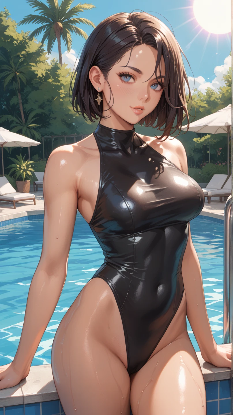 A tall beautiful woman with a masculine appearance short hair Small breasts Small breasts Slender beauty Swimsuit Indoor pool at night Standing by the pool Looking down at the viewer in the pool Cruel cruel contempt