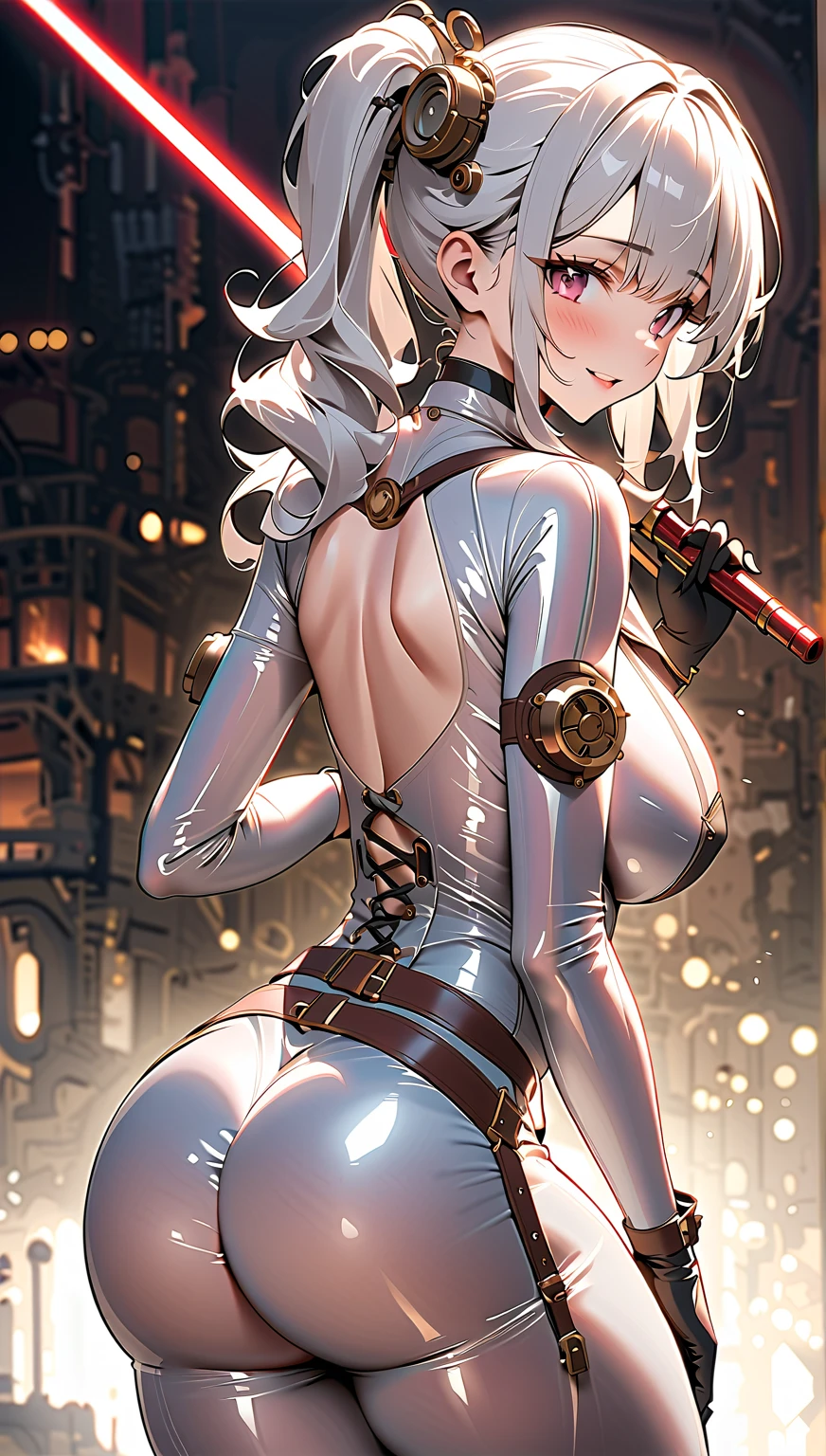 (((Purple Suit))), (((white hair bob haircut))), (((devilish smile))), (((melhor qualidade: 1.4))), (((full metal))), (((DuneWalker))), (((post-apocalypse))), (Unbeatable masterpiece), (hiper HD),(CG 8k hiper-realista), 1Garota armada em um mundo futurista usando roupas coloridas e modernas. Corte de cabelo ultra moderno, perfect body with robotic parts, seios grandes, bunda perfeita, muscles without exaggeration, rosto lindo com olhos azuis penetrantes, add textures to clothes and create something different from the usual, add accessories like garter belt, espartilho e luvas com listras, pele bronzeada e com brilho de molhado, industrial environment with giant heavy machines, Intricate machinery and giant robot parts