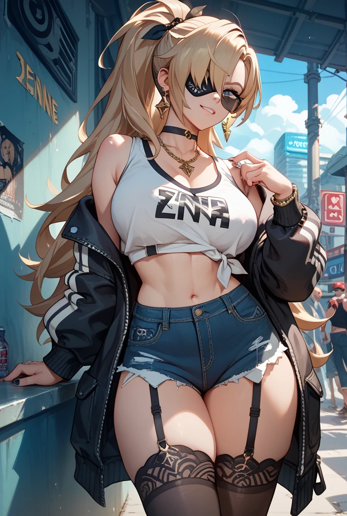 Original Character, Volumetric Lighting, Best Shadows, Shallow Depth of Field, Portrait Of Stunningly Beautiful Girl, Petite, Delicate Beautiful Attractive Face With Alluring Yellow Eyes, Messy Painted Face, Sharp Eyebrows, Broadly Smiling, Open Mouth, Fangs Out, Lovely Medium Breasts, Layered Long Twintail Blond Hair, Blush Eyeshadow, Thick Eyelashes, headphones, Oversized Pop Jacket, Mini Underboob Tee, Open Navel, Slim Waist, Denim Jeans Pants, With Buckle Belt, In The Graffiti Alley, Waste Container, Outside Stairs, Outdoor Unit, Holding Spray Paint Can, Standing, (Highest Quality, Amazing Details:1.25), (duo:1.3), Brilliant Colorful Paintings, big boobs, big breasts, curvy, milf