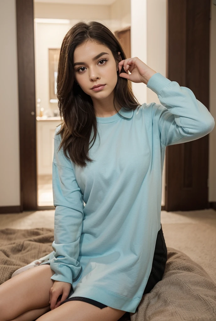 beautiful woman, wearing comfy clothes. sitting by window, looking out window, at night. rainy night. ((in cozy bedroom)), (solo), hair