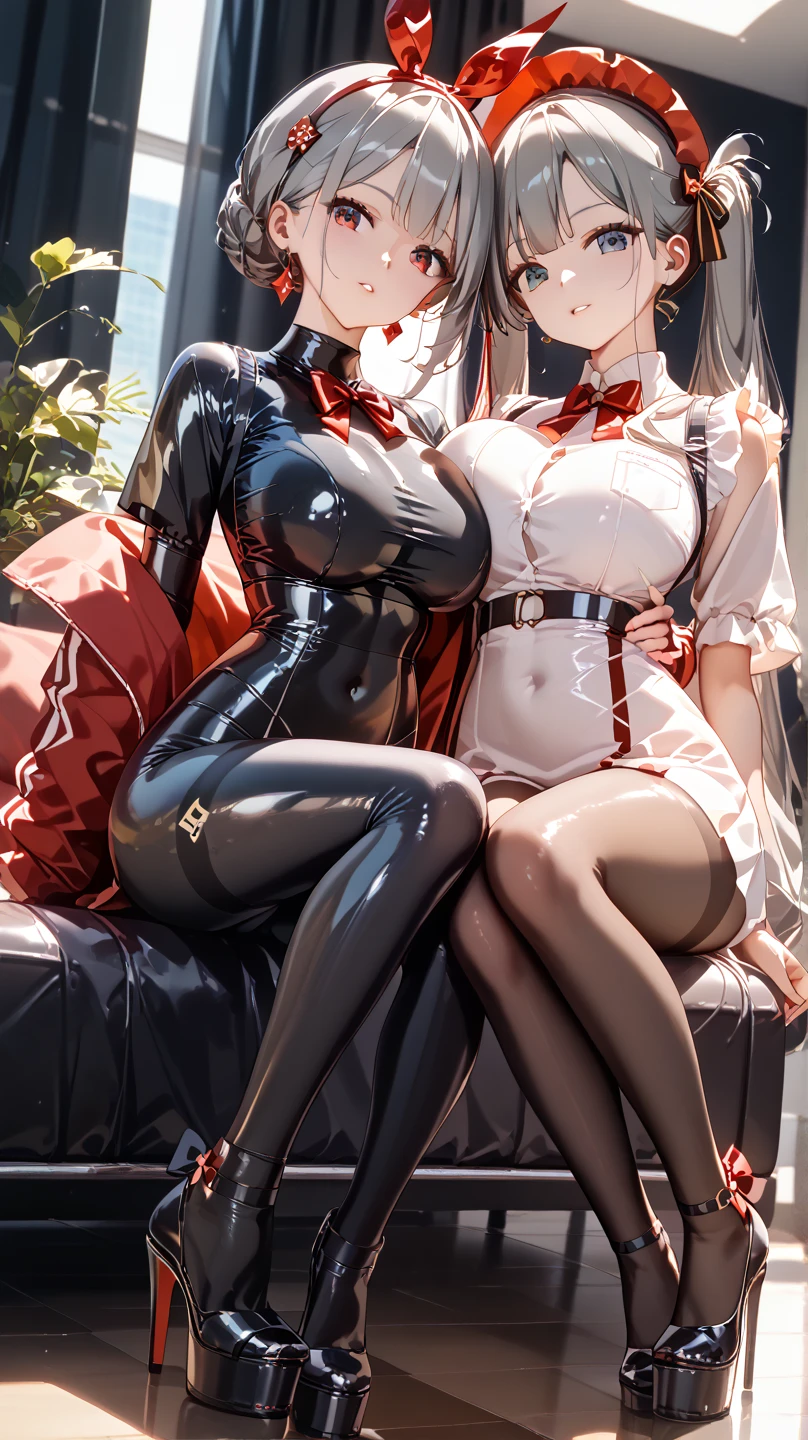 masterpiece, 2 girls, park, large breasts, public hair pussy, high heels, stockings, see through clothes, masturbating