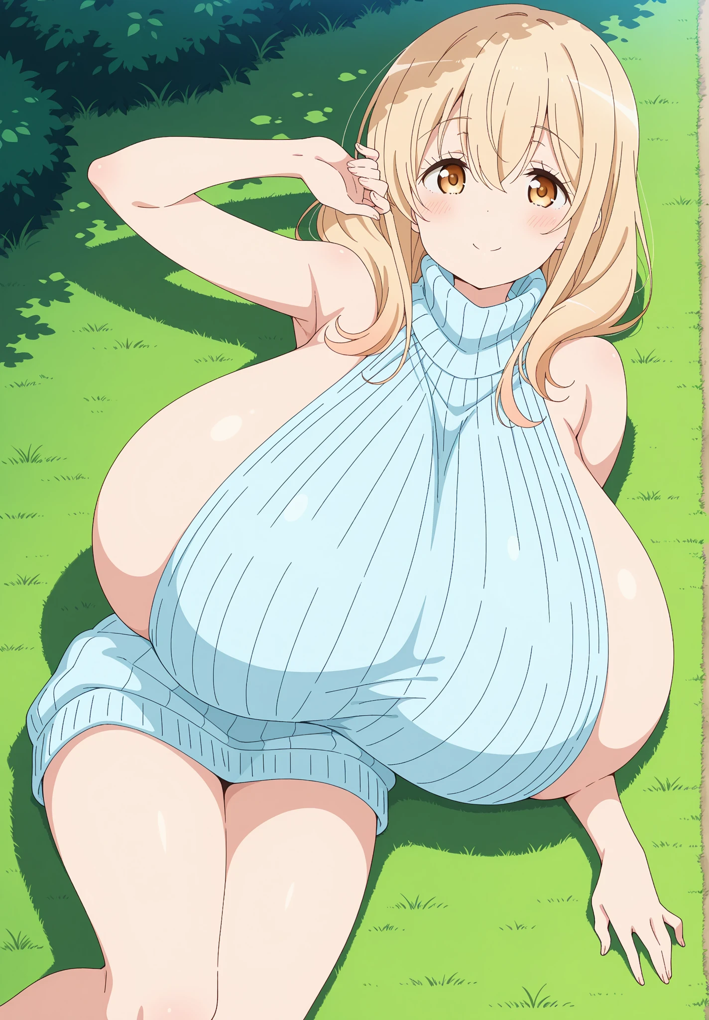 Flower Garden, Luxurious, Bright, glinting、Summer light、huge-breasted、bbw、Showers、From the top、Overhead view、Hands up、huge smile、chubby、Big buttocks、Maxi dress、Pull composition、Front button