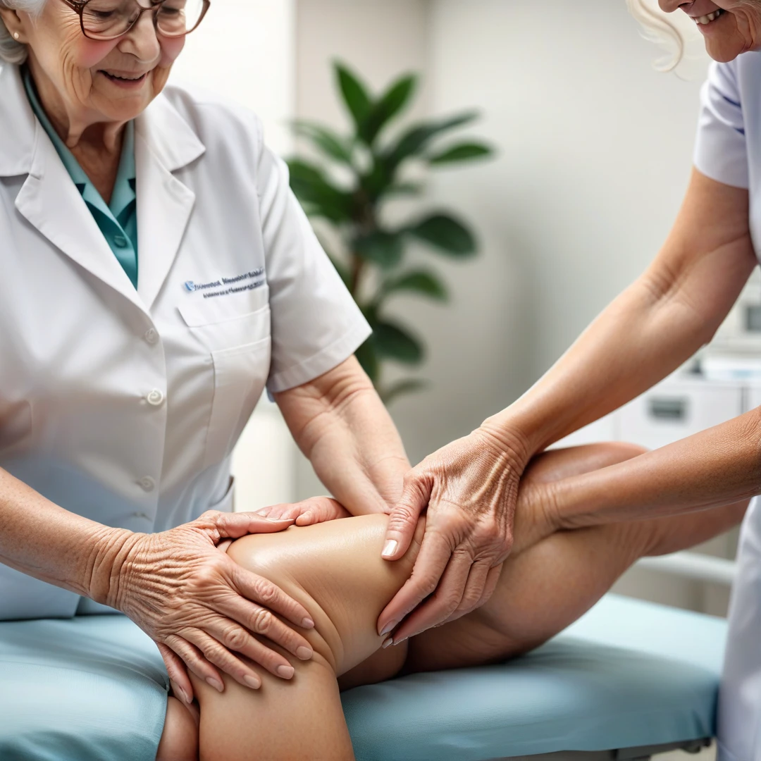I need you to make me an image of a physiotherapist and a patient who are face to face looking at each other, where both have a horizontal stick where one limb is being grabbed by the physio and the other by the patient, the arm where they hold the club in an extended position