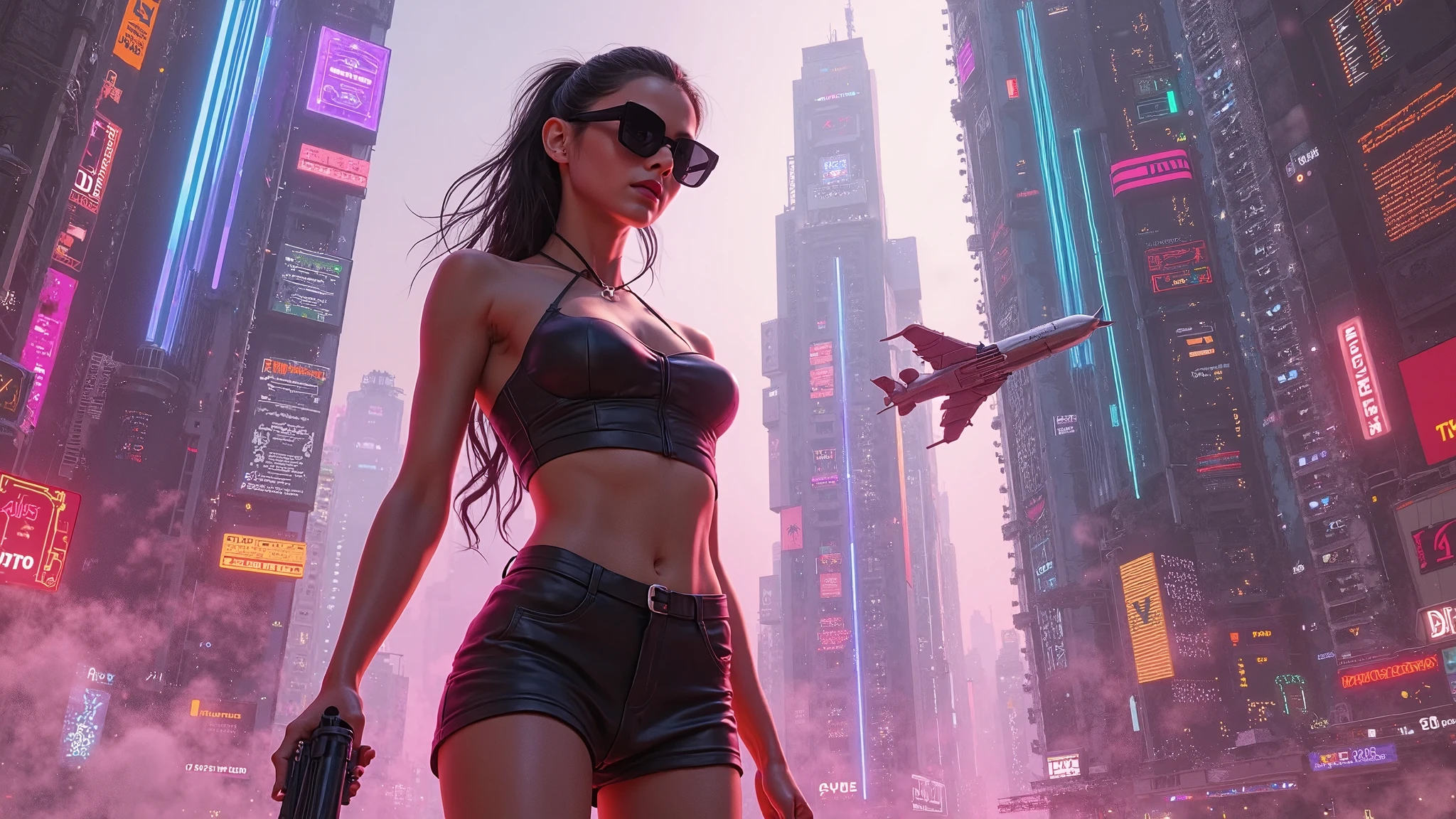 20-year old large-breast woman with cleavage:1.4, 1woman, solo, 3D neon art of a woman's body, (((((matrix style black micro sunglasses, black bra and very short black miniskirt, white G-string panty))))), (((aiming with a short gun))), (looking at camera), aerial view of blade runner neon-noir city background, (((1drone alone above city))), perfect composition, beautiful detailed intricate insanely detailed octane render trending on artstation, 8K artistic photography, photorealistic concept art, soft natural volumetric cinematic perfect light, chiaroscuro, award-winning photograph, masterpiece, oil on canvas, Raphael, Caravaggio, Greg Rutkowski, Beeple, Beksinski, Giger
