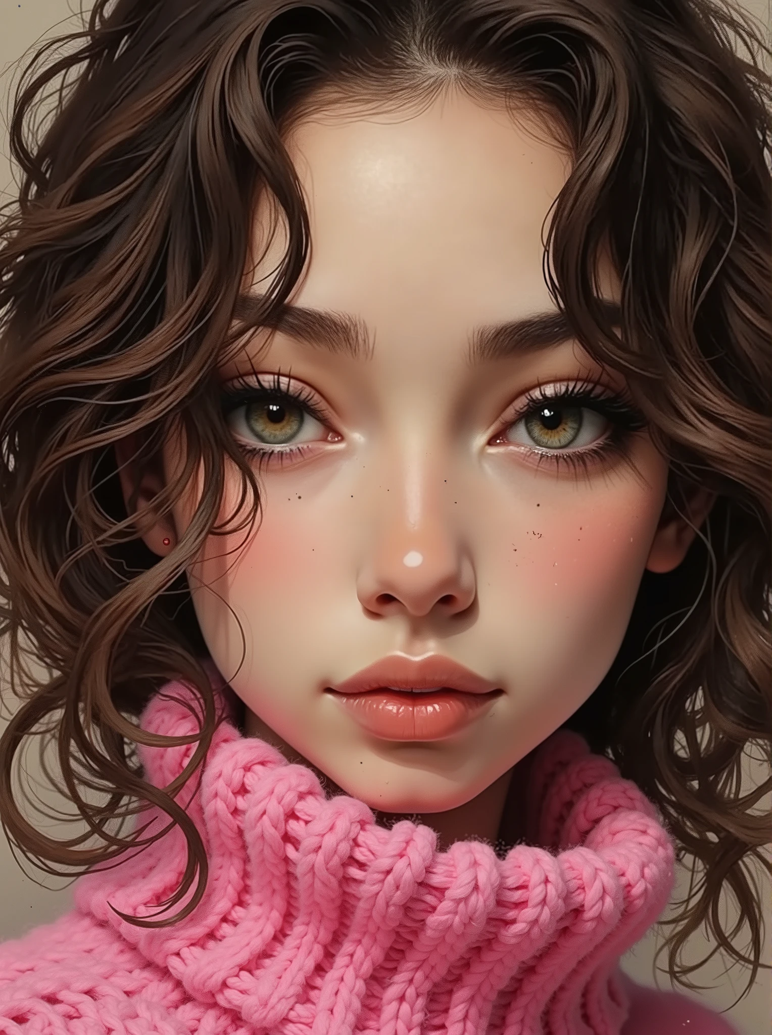 A close up of a brunette woman with curly hair and a strangulation, big, full lips , big eyes longer than normal eyelashes, tilted head , realistic painting of a pretty girl , trend in artstration, extremely pink knitted sweater, ✏️🎨, hyperrealistic aesthetics, read the wlop, realistic art style , very detailed portrait, Precious and detailed face, hyperrealistic art style , hyperrealistic , detailed and beautiful portrait, pink knitted sweater, beautiful face very detailed