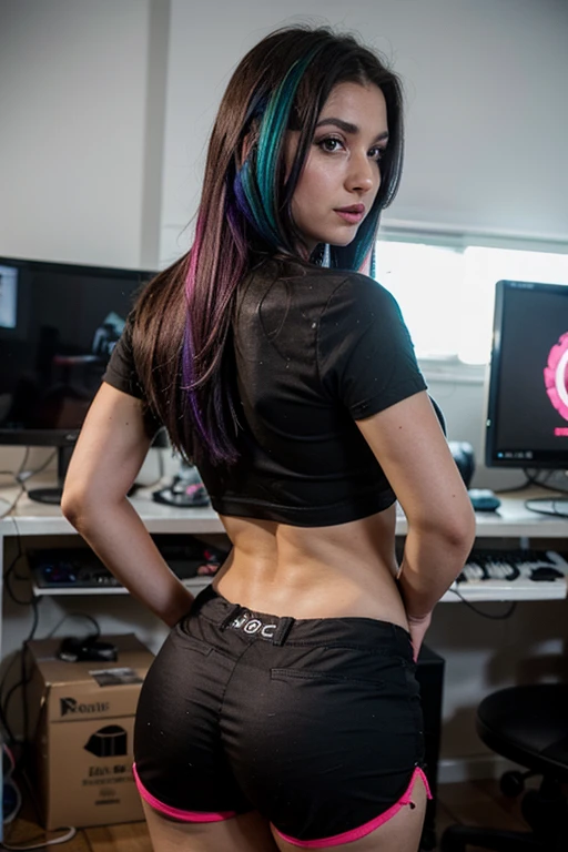 Sexy girl in her 30s wearing black neon shorts and t-shirt, multi colored hair, very long hair, playing video game on a large monitor, gamer girl, curvy, camera takes side view photo of the girl, she is facing the desktop monitor, detailed hands, detailed fingers, RGB PC case in background, on a gaming chair, facing camera