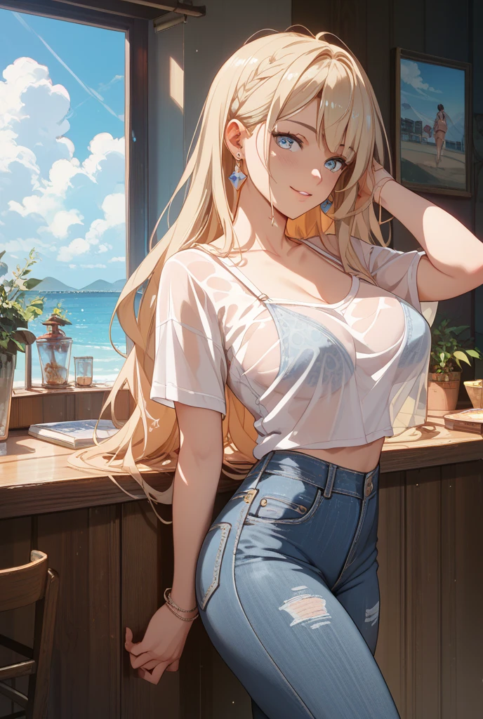 (Top quality illustrations:1.2), (pretty girl:1.1), (1 Girl、、Top quality illustrations:1.2), (1 Girl、Kind eyes、blue eyes:1.2)、blonde、Semi-long hair、mature、Beautiful breasts 、Transparency、topless、((Full nudity))、Standing、summer、blue sky、Sweat、profile、Drink water、PET bottles、Wet、