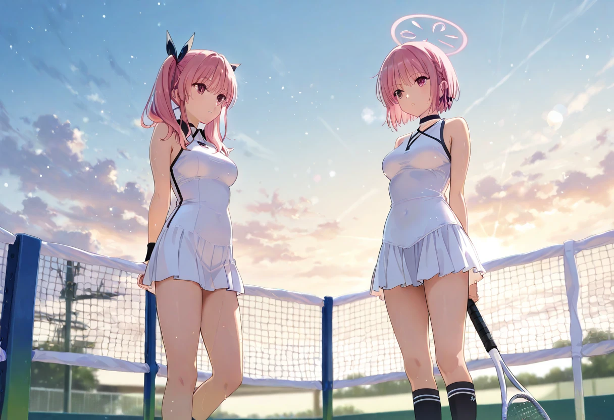 mastute piece,Best Quality,insanely detailed,8k cg,nsfw,
take a picture of the whole body,(2girl,((play tennis)),(nudi-ty,bare:1.3,tennis racket),blush,shy,ecstasy face,gasping,trembling,pink hair,open mouth),
tennis court,