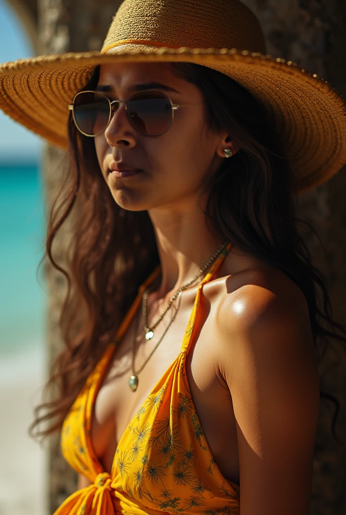 photography of 1 stunning 23 year old girl 4k, 8K , wearing yellow dress , dark lens sun glasses, brunette hair, on the beach, shy smiling, looking into camera , sun lighting, gorgeous, (masterpiece), best quality, high resolution, extremely detailed background, skin with pores, , cinematic lighting Completed
