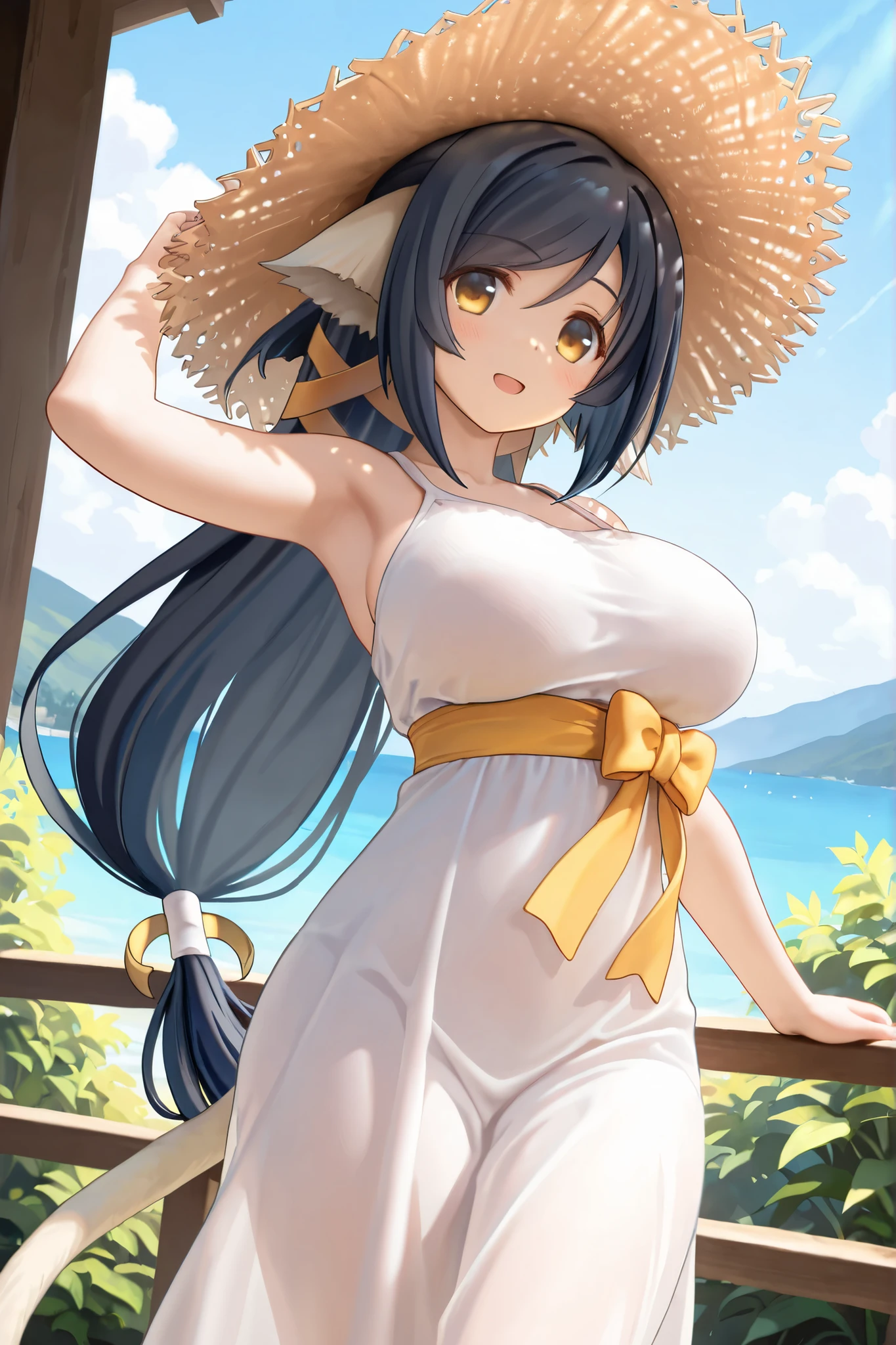 1girl, solo, long hair, breasts, looking at viewer, blush, smile, bangs, large breasts, black hair, red eyes, thighhighs, hat, dress, cleavage, bare shoulders, jewelry, closed mouth, standing, collarbone, thighs, earrings, outdoors, sky, sleeveless, day, white dress, arm up, bracelet, tree, bare arms, sleeveless dress, fishnets, sun hat, straw hat, sundress, hand on own thigh, fishnet thighhighs, halter dress