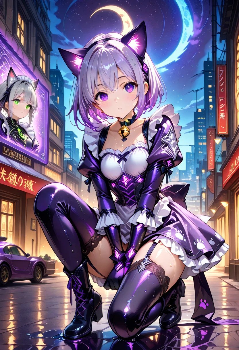 happy girl with purple hair in dark city