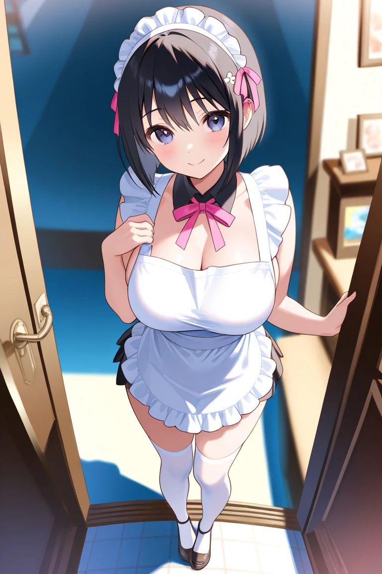 (1 solo skinny maid:1.3) standing alone in hallway, (curtsey:1.5), (both hands pinch own short skirt and lift skirt higher:1.4), tiptoe, BREAK, black short hair, black eyes, smile for viewer, BREAK, (bursting large breasts), cleavage, inconceivably narrow waist, slim hip, skinny long legs, thigh gap, BREAK, white head dress, short sleeve, (frilled too short skirt), frilled white apron, highheels, BREAK, {nsfw}