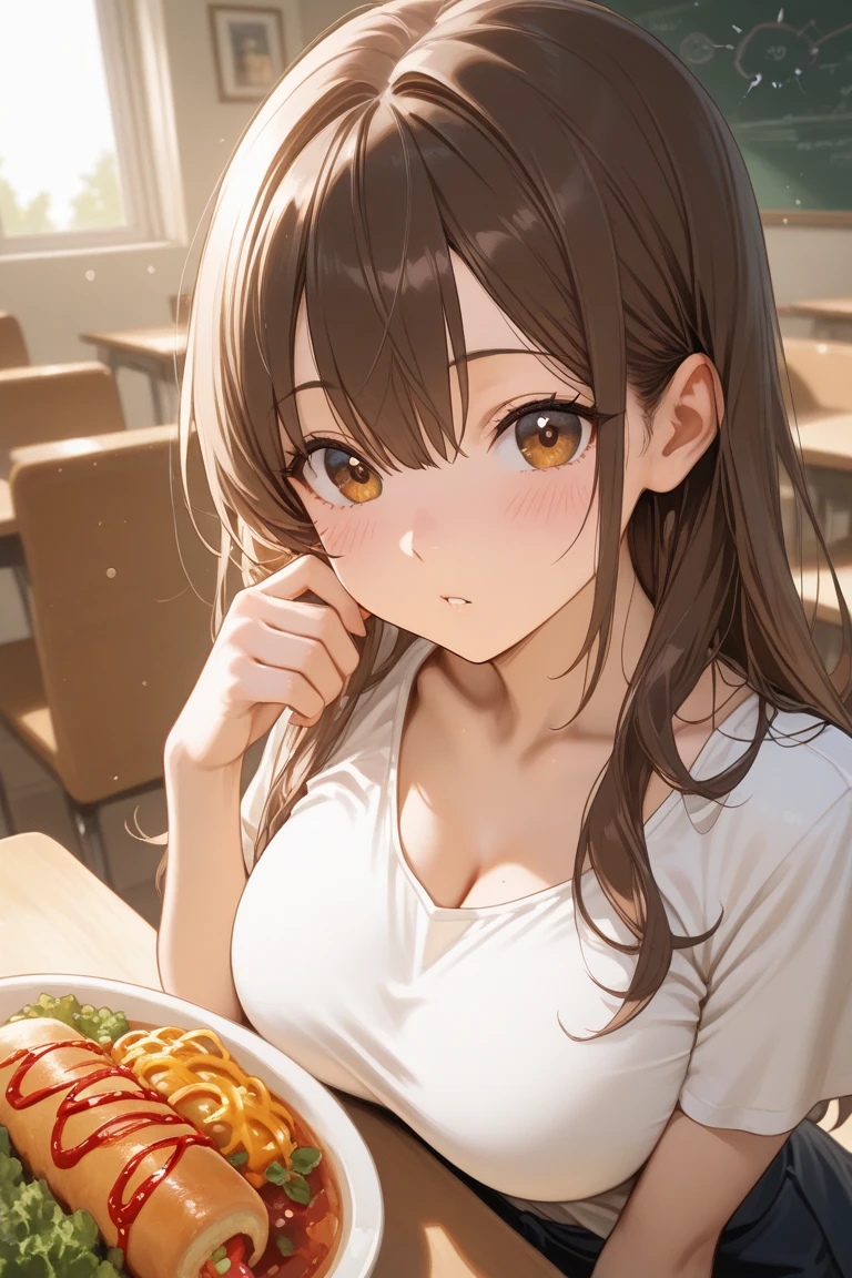 The table in front of a beautiful young woman has Chicken Glazing Sauce.