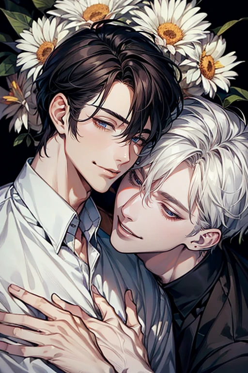 Two young men hugging.one is beautiful ,18years old with white short hair and green eyes with cute smile.the other is serious characterized ,23years old with black wolfy haircut and yellowish brown eyes,smiling with soft smile
