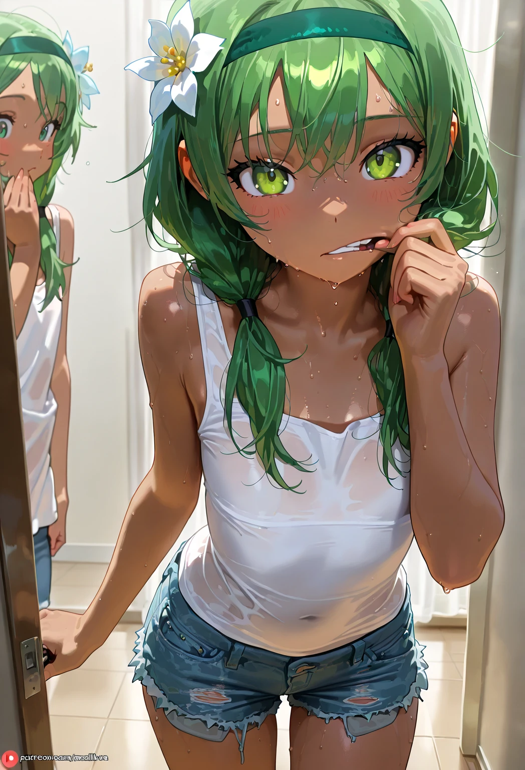 1girl in, Solo, Solo Focus, Cowboy Shot, Portrait,, bobhair,Half Aqua, Half Green, ((Brown hair)), (Yellow hair), (Gradient Hair :1.5), Curly hair, ((Pink eyes)), Ultra-detailed細な目, asa, (Caramel Black Skin:1.1), (Small TI quality, Ultra-detailed, university shower room,toppless,Show the armpits,hide the chest with your hands,Take a shower naked,crouching down