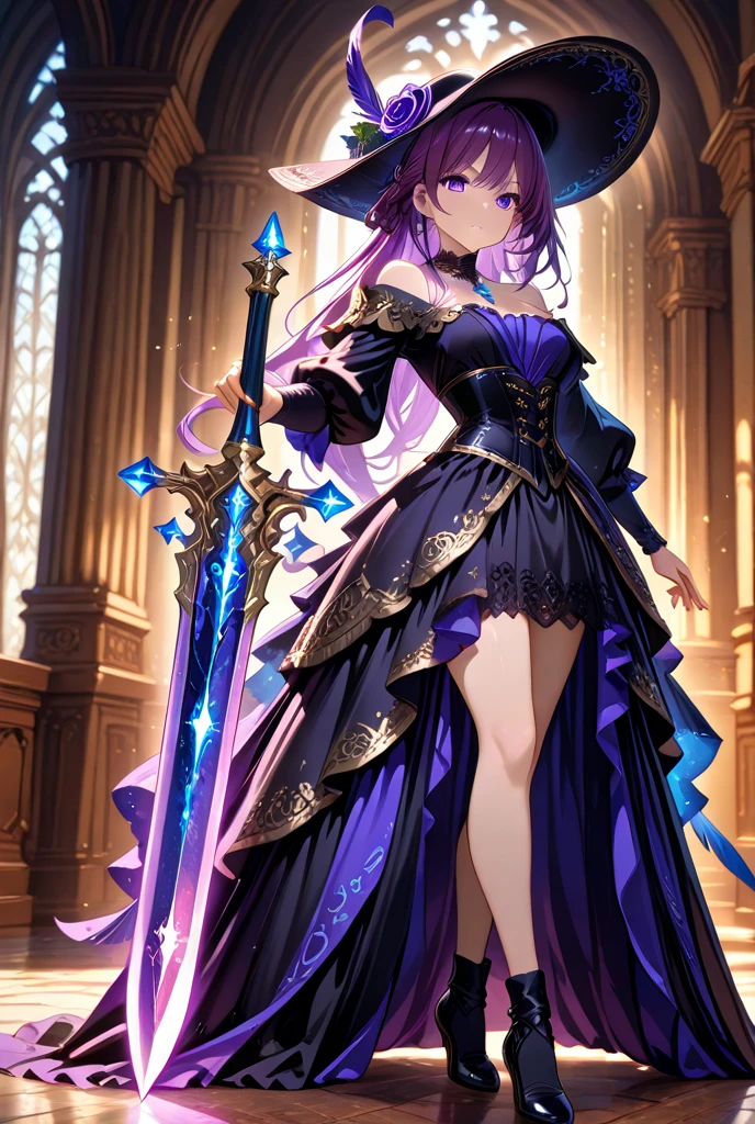 masterpiece, best quality, 1girl, solo, hat, blonde-hair, drill-hair, gloves, breasts, blue-eyes, witch-hat, thigh-boots, thighhighs, boots, elbow-gloves, open-mouth, staff, purple-headwear, smile, dress, full-body, simple-background, cleavage, large-breasts, looking-at-viewer, purple-dress, very-long-hair, purple-gloves, holding, purple-footwear, wand standing-on-one-leg, twin-drills, holding-staff, witch, black-footwear, puffy-sleeves
