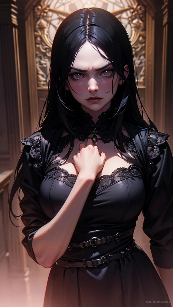expressionless sad sad sad girl dark atmosphere veil black hair yellow eyes pale skin muscular girl huge breasts traditional clothes lace fabric gloomy veil
