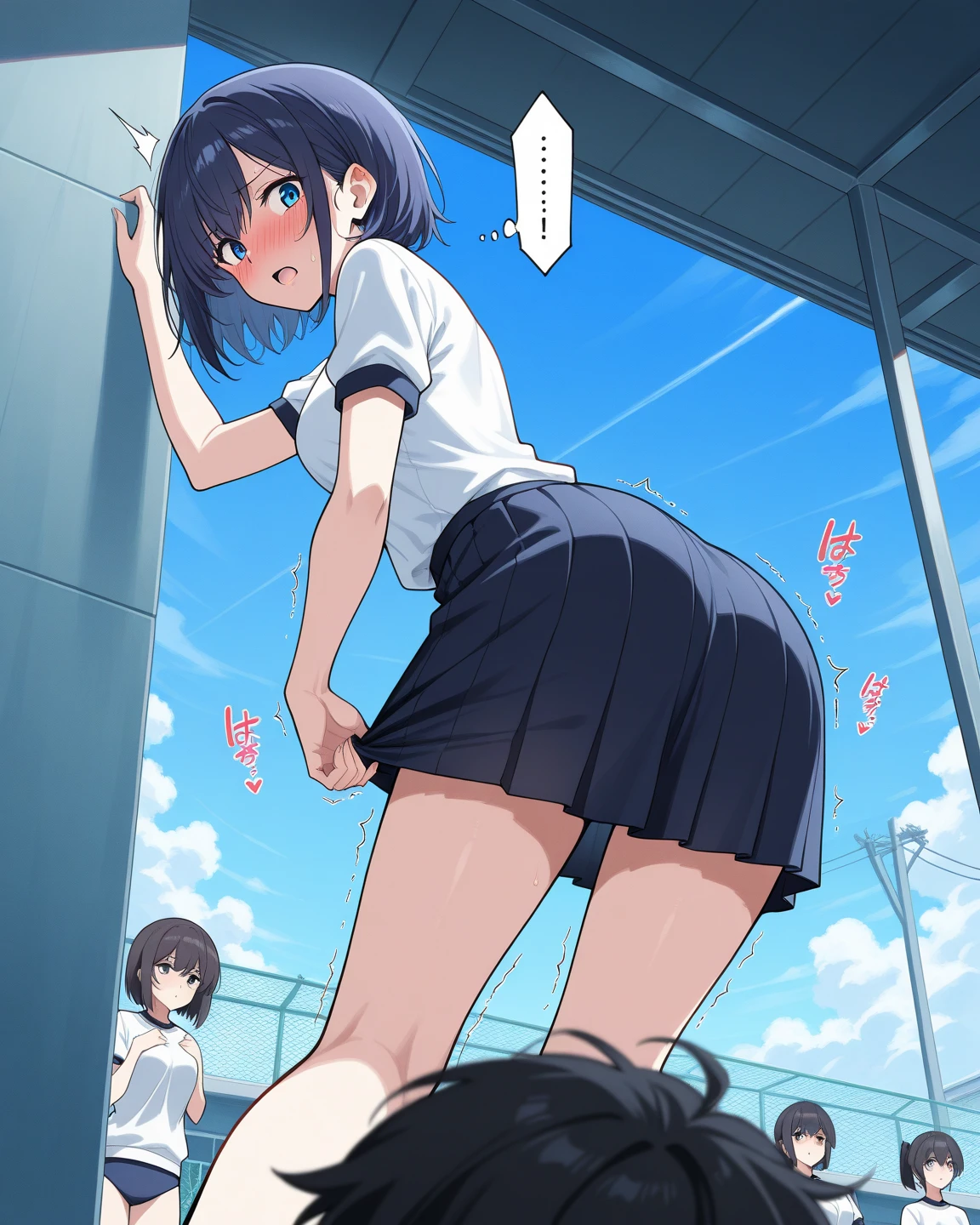 (masterpiece,best quality:1.4),absurdres,high resolution,super fine,best illustration,absurdres,absolutely resolution,incredibly,highres,ultra detailed,official art,unity 8k wallpaper,detailed skin,detailed face,detailed eyes,perfect lighting,BREAK
(4girls:1.5),standing,(fog:1.2),
(from below:1.5),view from bellow,serafuku,,short sleeves,(blush:1.5),short pleated skirt(panty),surprised,looking down,looking at viewer,(skirt lift:1.2),(open clotheas,nipples:0.8),
locker room,(spoken exclamation mark:1.4),surprise,screaming,fisheye,