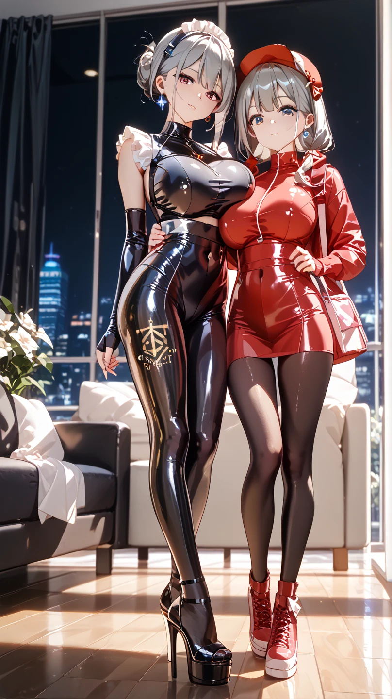 Two mafia hijab girls lesbian kissing in palace . Very huge breast, busty,  wear sunglasses dressed shiny trench coat with wide popped collar, overknee boots,  leather long gloves, Very glamour and Elegant. Full body 