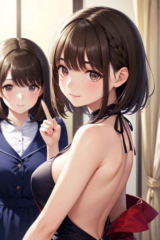 4 girls、（multipel Girls)Top image quality、Prom，posh，Short hair details，Side breasts，ssmile，（Slip dress)，Masterpiece Best Bust、Bust 100、A brunette one、pony tails、you can see a big valley、high high quality、visual art、Background with((Japan World、Black sky))、