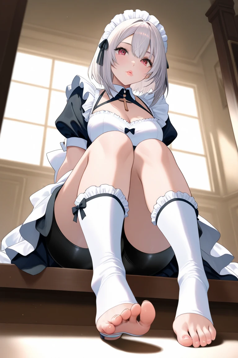 table top　High level image quality　best image quality　8K　 adult woman　portrait　white long gloves（elbow gloves）　white stockings　white lingerie（frills）　white wolf ears　short hair（（shortcut）（gray hair）（perm）（fluffy））　eye color is blue　surprised face（（red cheeks）（open your mouth））　beautiful feet　on the bed