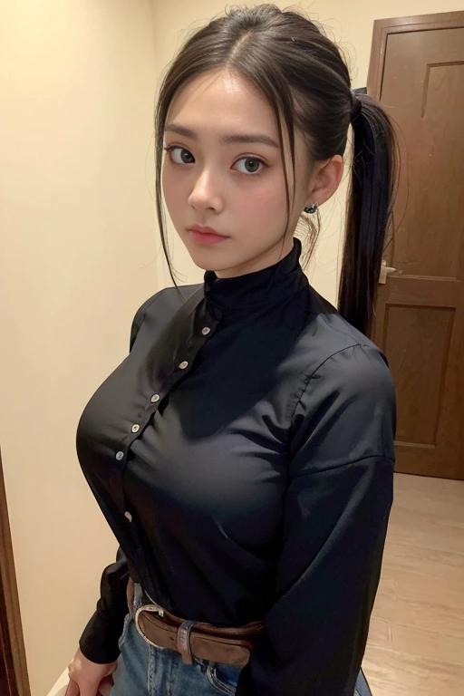 Close-up of a woman in a black shirt posing for a photo, Yoshitomo Nara, sakimichan, korean girl, korean woman, japanese model, japanese goddess, asian girl, in kimono, Chiho, shikamimi, sakimi chan, beautiful south korean woman, Jacket with plenty of cleavage, V-chest open clothes