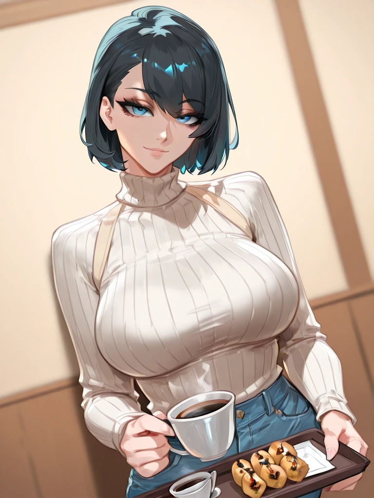 -galgame style, 1girl, illustration, anime art, anime moe art, blue hair, blue cat ears, solo, short hair, indoors, white shorts, looking at viewer, plant, smile, blue eyes, open mouth, kitchen, shorts, ((holding coffee)), potted plant, breasts, blush, camisole, collarbone, jacket, earrings, jewelry, off shoulder, bangs, bare shoulders, open clothes, masterpiece, best quality, highly detailed