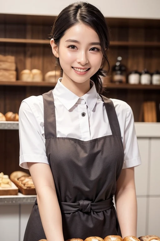 High Detail, Sharp focus, dramatic, photorealistic, hyper realistic, a long bob cut girl [with a warm smile:0.8] working at a cozy coffee shop, wearing a black apron and a white shirt, at dusk, with depth of field, light rays, (light particles:0.9), and soft shadows on her face, looking at viewer, [Paul Hedley:0.5], warm tone