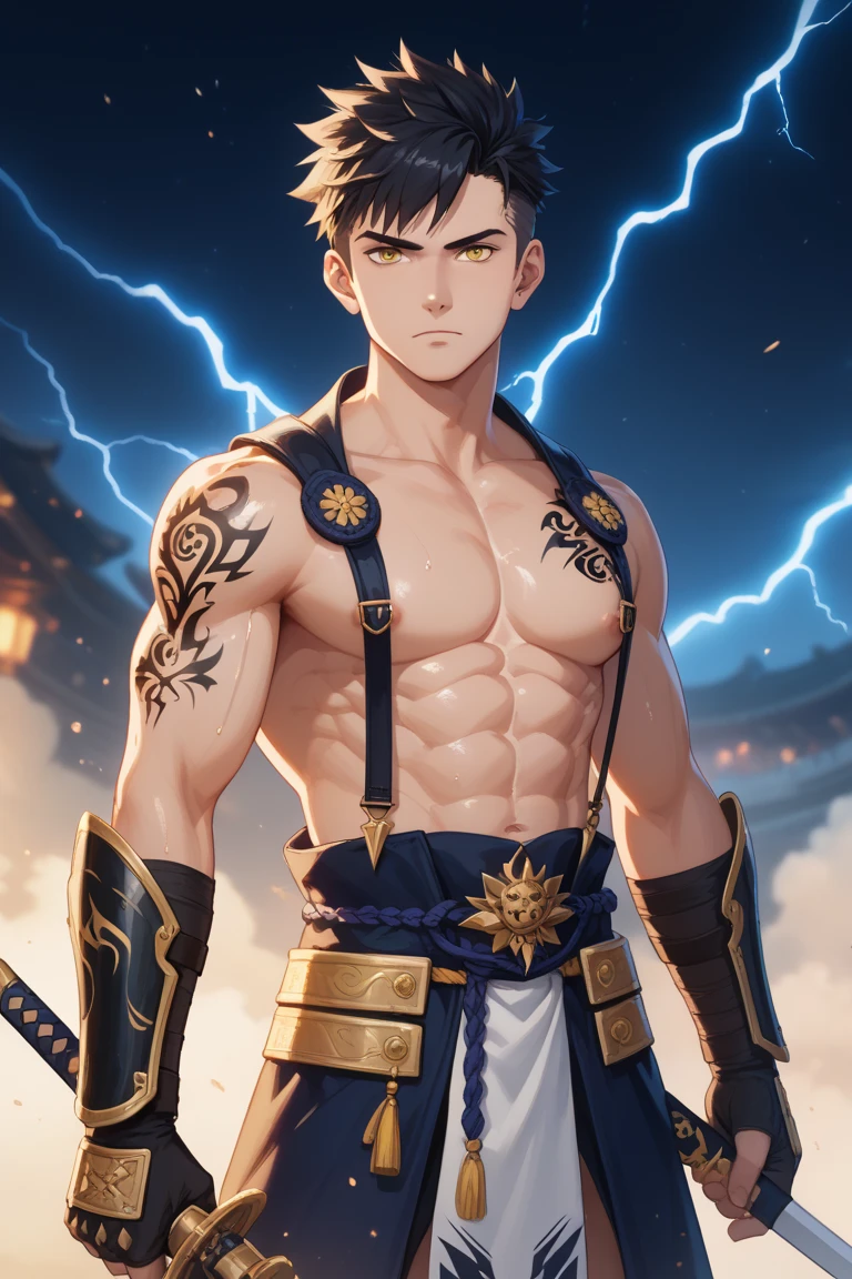 boy,without shirt,ready to fight,holding sword,war background,perfect face ,sword glow,8k,masterpiece,ultrasharp,shonen