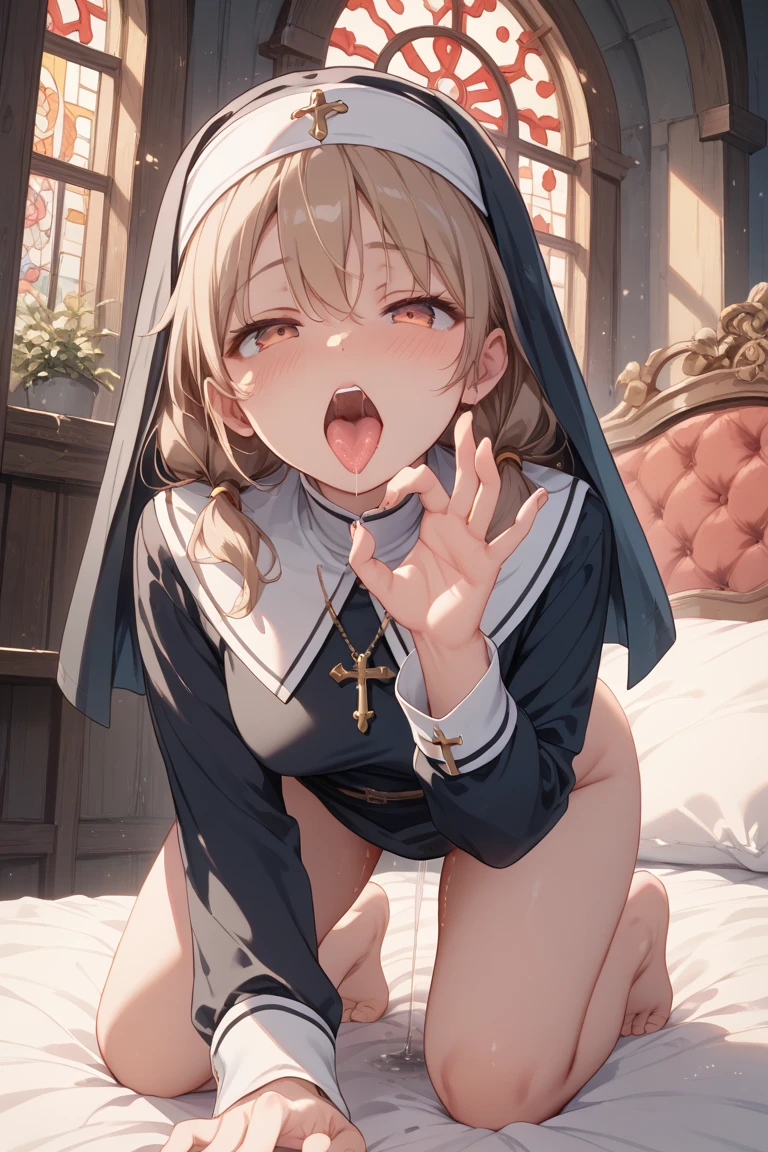 (perfect hands),(1 girl), brown bob hair,Little,messy hair, ,(orgasm face),, masterpiece, highest quality, ultra high resolution, 8k, professional lighting, photon mapping, low saturation,, full length, realistic background, shallow depth of field, perfect anatomy,,((cute:1.4)),(:1.8)、(Nun Uniform:1.2),,(tits:1.8),closed my eyes,(rape face:1.5), blush, (open your mouth),naked:1.8, ((Liar:1.4)),closed my eyes, after sex, how, Liar, howdrip, teeth, on the stomach, so stupid, Sweat, how pool, Bukkake, trembling,((spread your legs)),(pussy how:1.7), (church:1.6)
