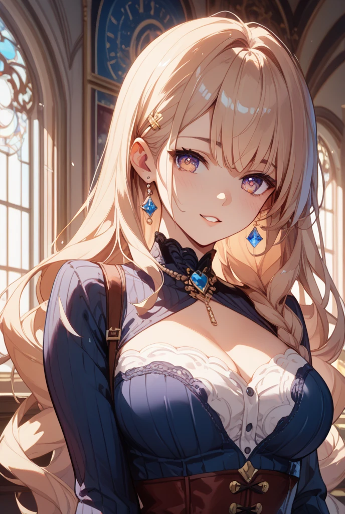 top-quality、Top image quality、masterpiece、girl with((20yr old、Best Bust、big bast、Bust 85,beautiful golden eyereasts wide open,Blonde long hair、A slender、Large valleys、casual Dress Leaning forward、Reflecting the whole body))high quality、Beautiful Art、Background with((Luxury Hotels、 fancy dress、Window with night view)))masterpiece、visualart、depth of fields、alone, sad face, mature look her face, defined glossy lips, blue eyes