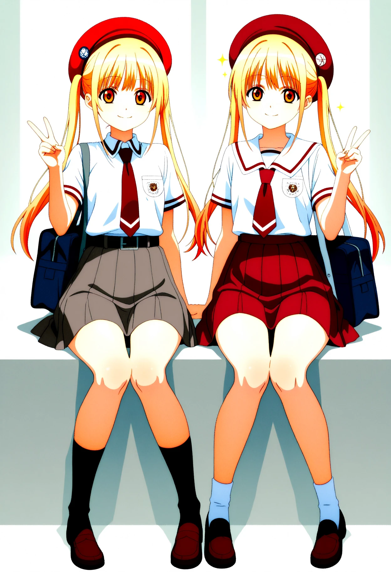 masterpiece,Highest quality,onichichi,(Two Girls,school uniform:1.3),cute,Red mini skirt,smile,Cowboy Shot,Alongside,squat、Lace panties、sneakers、View your viewers,thigh_gap,classroom,Large Breasts,blush,window,Face Focus,
break,
Airi,Twin tails,hair ornaments,Blonde long hair,black thighhighs,
break,
a lot,Hair Clip,
